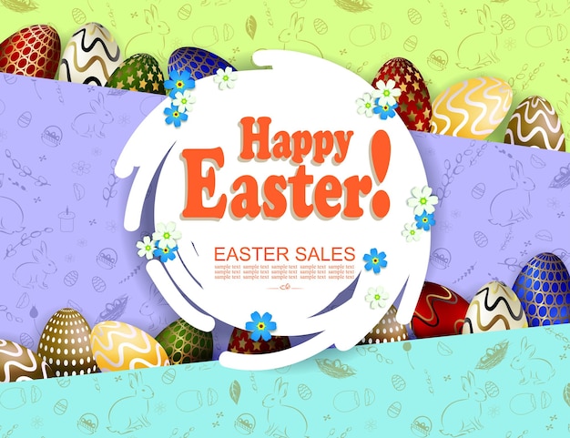 Illustration with Easter eggs with a beautiful pattern abstract round white frame slanting curtains