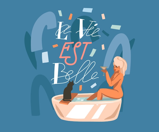 illustration, with French quote La Vie est Belle meaning Life is beautiful in English lettering and washing woman.