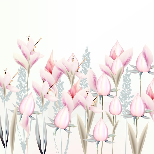 Illustration with gentle vector pink crocus flowers spring style