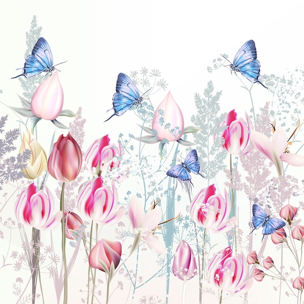 Illustration with gentle vector pink tulip and crocus flowers blue butterflies spring style