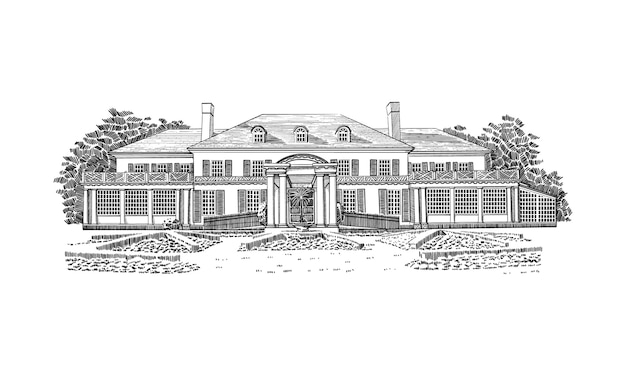 Illustration with georgian style mansion, country estate.\
historic building with hipped-roof colonial revival, with\
third-story dormers. in front of the house - beautiful formal\
gardens.
