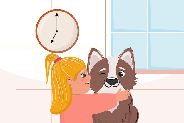 Illustration with a girl and cute dog indoor