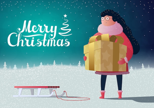 Vector illustration with girl, gift, sled on night winter background with text merry christmas