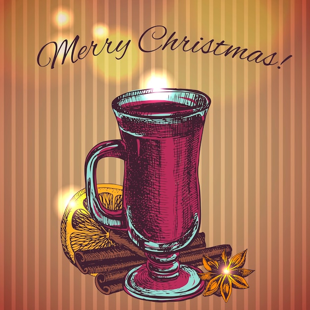 Vector illustration with a glass of mulled wine cinnamon sticks snowflakes honey and fruit