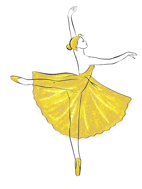 Illustration with gold ballerina tutu dance ballet on white background