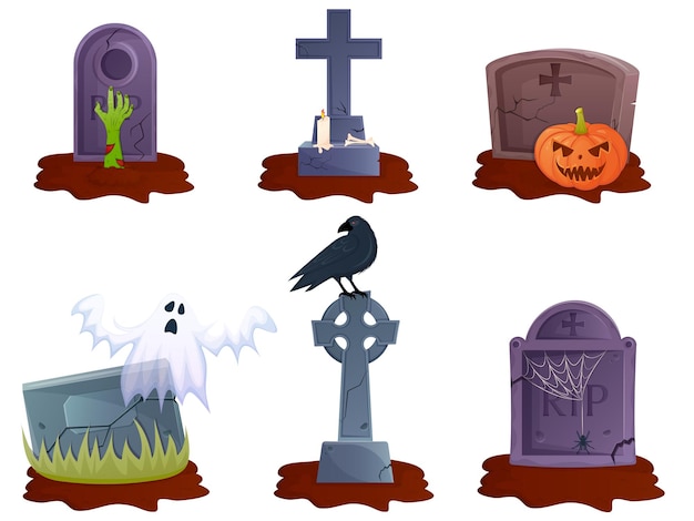 Vector illustration with graves and different halloween decoration elements