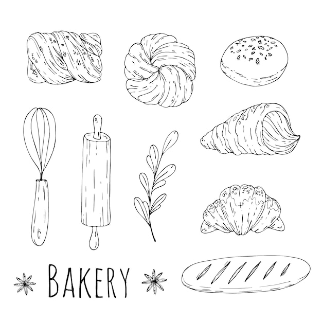 Vector illustration with hand drawn doodle bakery elements. menu design, shop wrapping paper.