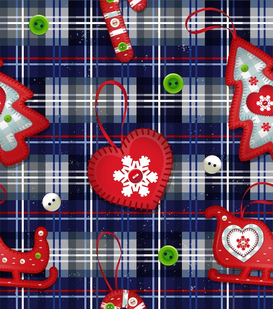 Vector illustration with handmade toys for christmas tree and colored buttons new year fabric or wrapping