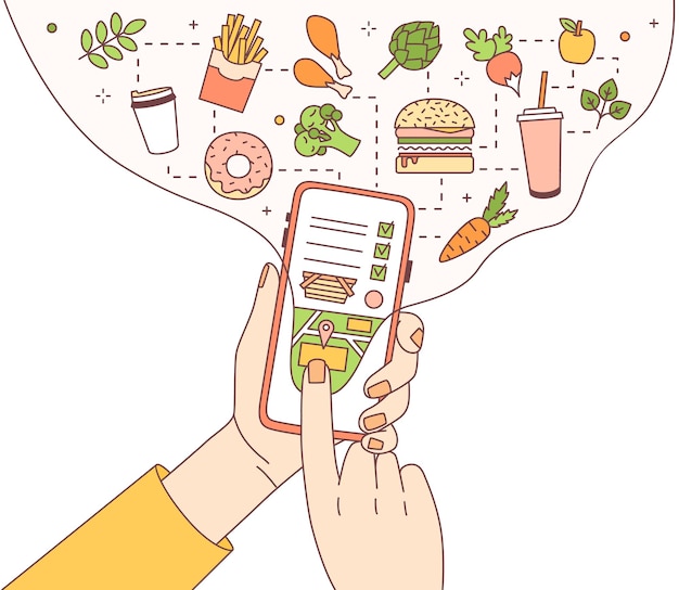 Illustration with hands holding phone with food delivery service mobile application