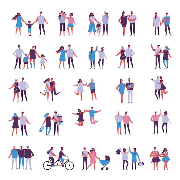 Illustrazione con coppie felici del fumetto delle persone. amici felici, genitori, amanti del momento, abbracci, balli, coppie con bambini. illustrazione