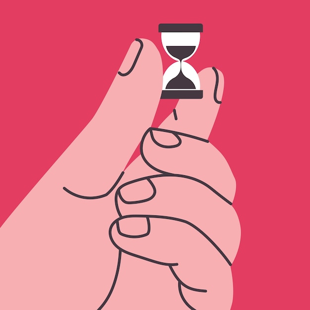 Illustration with a huge hand holding an hourglass on a red background Business banner about fleeting time Watch in hand Vector eps 10