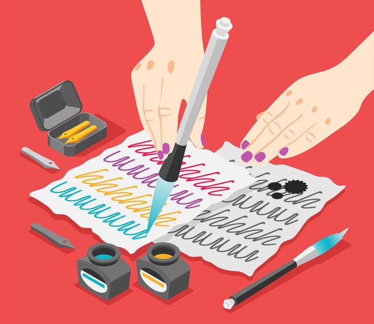 Vector illustration with human hands holding ink pen with pots and paper sheets illustration