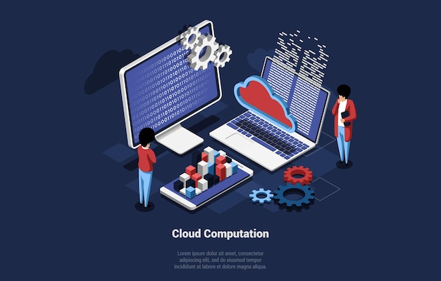 Illustration with infographic of cloud computation concept. isometric art of computer screen, laptop and smartphone sharing data, two people controlling process. mechanism, cloud, chart sign.