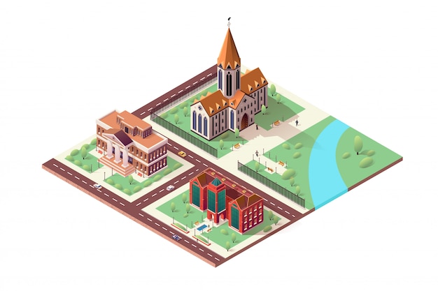 Vector illustration with library, cathedral and museum.