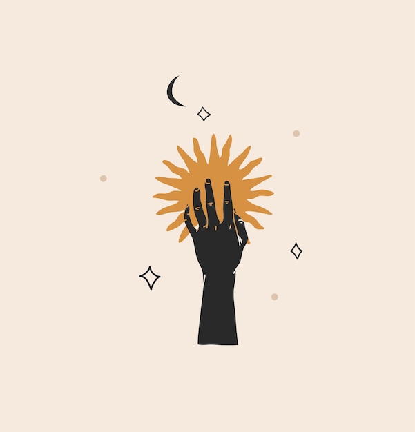 ロゴ要素、黄金の太陽のシルエットのミニマルなボヘミアンマジックラインアートのイラスト