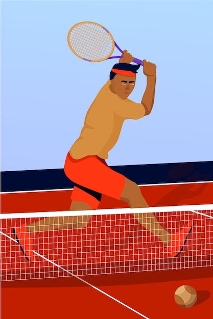 Vettore illustrazione con il tennis dell'uomo nel campo da tennis.