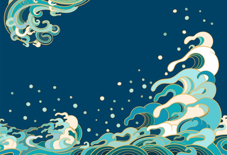 Vector illustration with marine waves in traditional oriental style