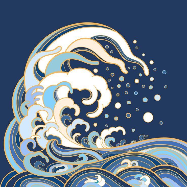 Vector illustration with marine waves in traditional oriental style.