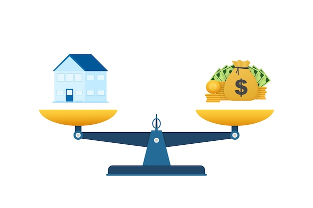 Illustration with money vs house for concept design. Business concept. Financial investment. Vector illustration.