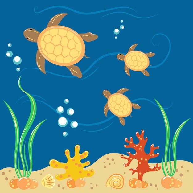 Illustration with mother turtle and her babies in the sea