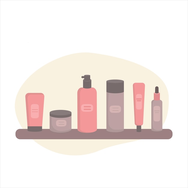 Illustration with natural organic cosmetic in bottle jar tube Skincare routine set