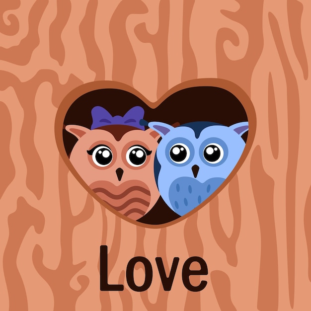 Illustration with pair of owls in heart shaped hollow with inscription love