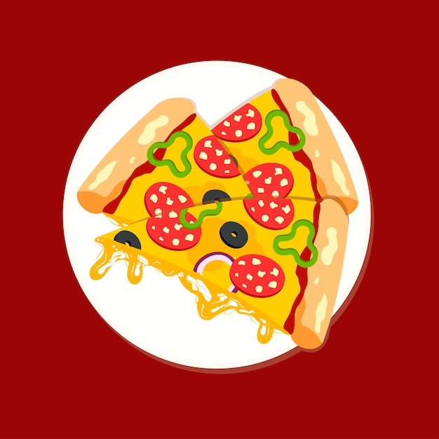 Illustration with a piece of pizza with stretching cheese on plate