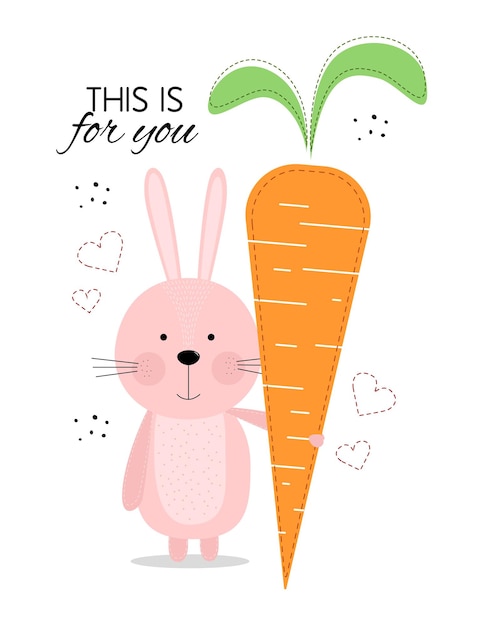 토끼와 당근이 있는 그림 엽서 연하장 토끼가 있는 카드 토끼와 당근이 있는 연하장 토끼가 당근을 들고 있습니다 이것은 당신을 위한 것입니다