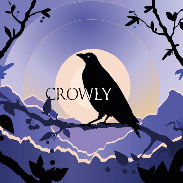 Vector illustration with a raven on a bright background in blue tones