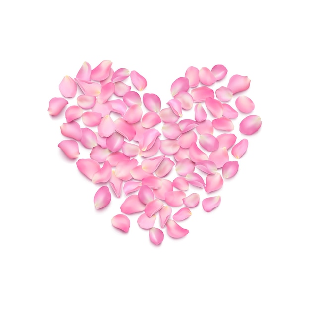 illustration with realistic rose petals and love typography vector frame of pink sakura petal in the shape of heart romantic background for greeting card valentines day march 8 wedding invitation