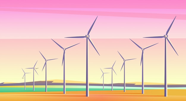  illustration with rotation energy windmills for alternative energy resource in spacious field with pink sunset sky. Film camera noise effect.
