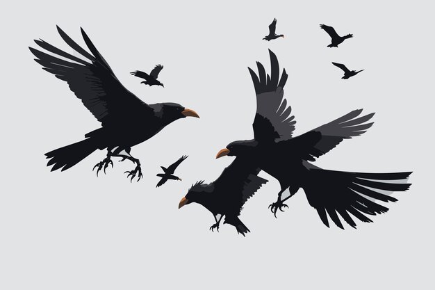 illustration with set of crow silhouettes isolated on white background