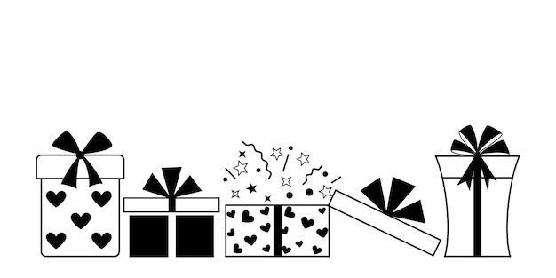 Illustration with several gift boxes with bows and different patterns black on white background