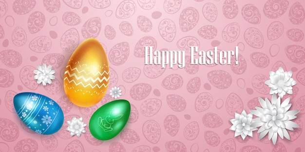 Illustration with several realistic easter eggs in various colors with holiday symbols glares and shadows on colorful background