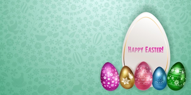 Illustration with several realistic easter eggs in various colors with holiday symbols glares and shadows on colorful background