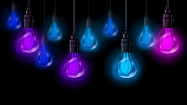 Illustration with several vintage incandescent lamps with blue and purple glow hanging on electric wires on black background Near lightbulb are in focus and distant are blurry defocused