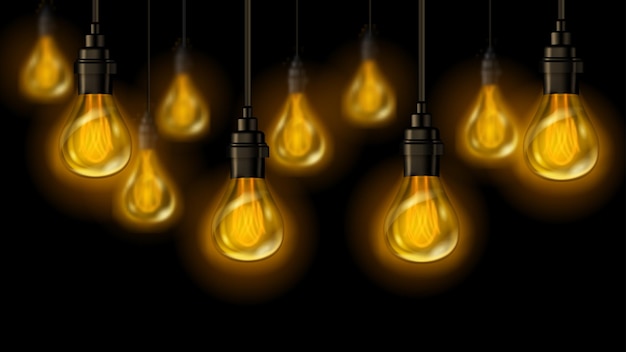 Vector illustration with several vintage incandescent lamps with orange glow hanging on electric wires on black background near lightbulb are in focus and distant are blurry defocused