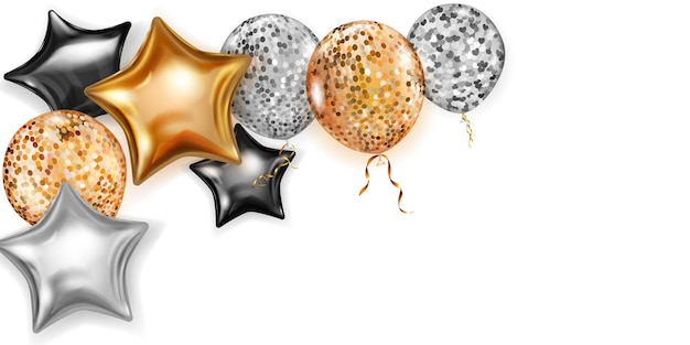 Vector illustration with shiny balloons in golden, black and silver colors, round and in the shape of stars, with ribbons and shadows, on white background