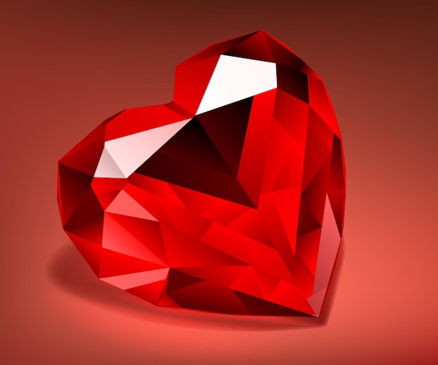 Illustration with sidelying big crystal faceted heart in red colors with shadow on dark background