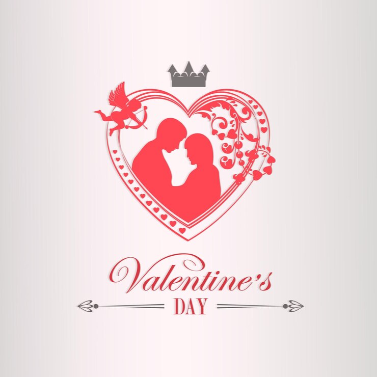 Vector illustration with a silhouette of a heart a couple in love with a cupid