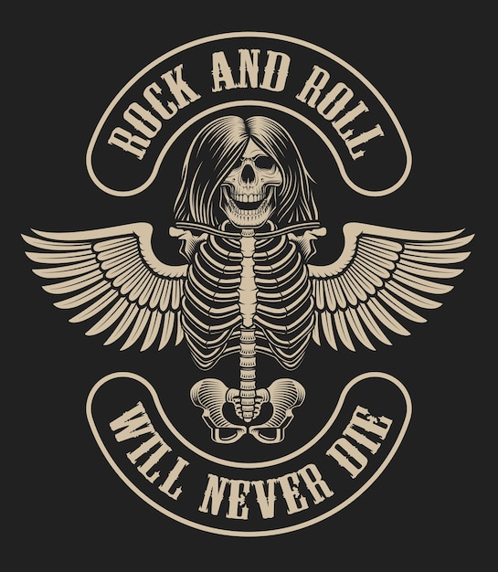 Vector illustration with a skeleton character with wings in vintage style on a dark background on the theme of rock music.