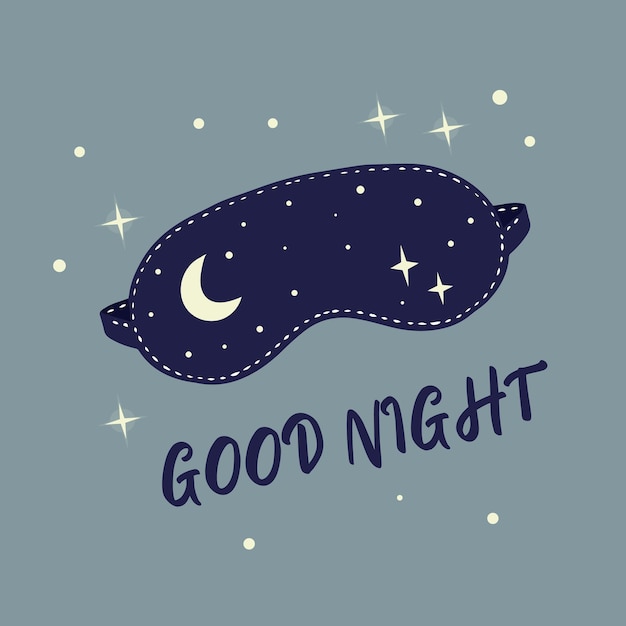 Illustrazione con una maschera per dormire con stelle e scritte della buona notte