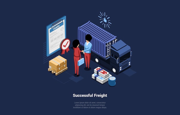 Illustration With Successful Freight Writing On dark blue. Good Cargo Transportation Composition