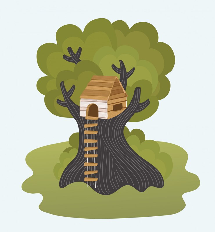 Vector illustration with summer background, children playing and tree-house