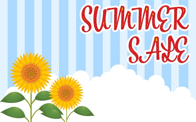 Vector illustration with sunflower entrance cloud and striped background with summer sale characters