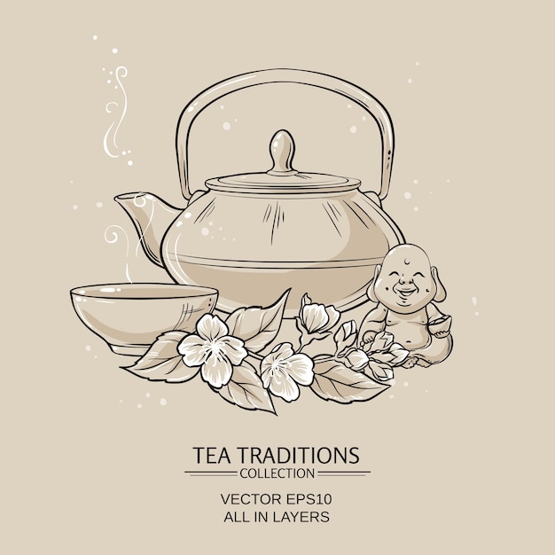 illustration with teapot with tea bowl and jasmine