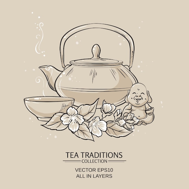 Vector illustration with teapot with tea bowl and jasmine