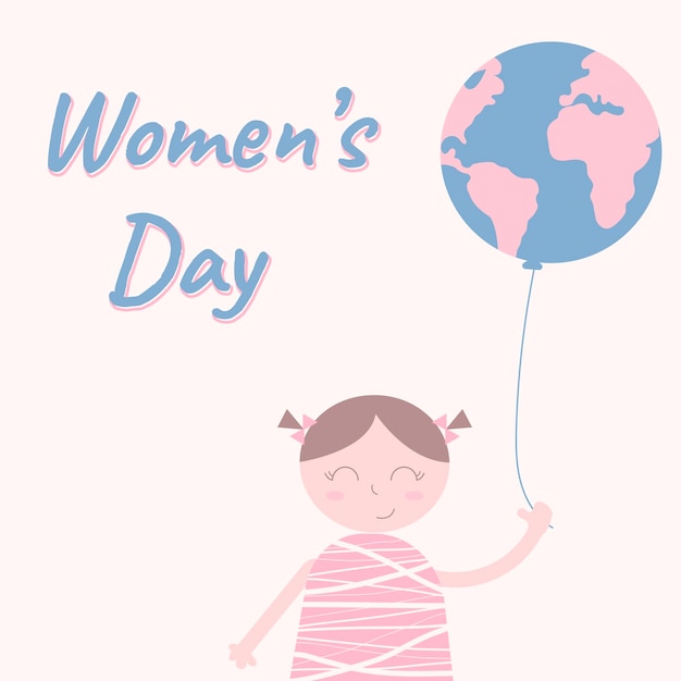 Vettore illustrazione con testo womens day e ragazza con palloncino con l'immagine della terra illustrazione può essere usato come adesivo banner cartolina