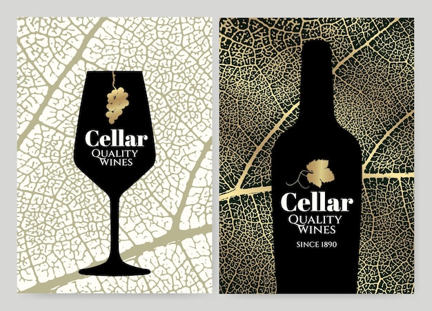 Illustration with texture of vine leaf and silhouette of wine glass and bottle