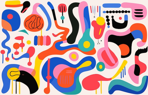 Illustration with various colorful objects of different shapes bold abstract forms playful line